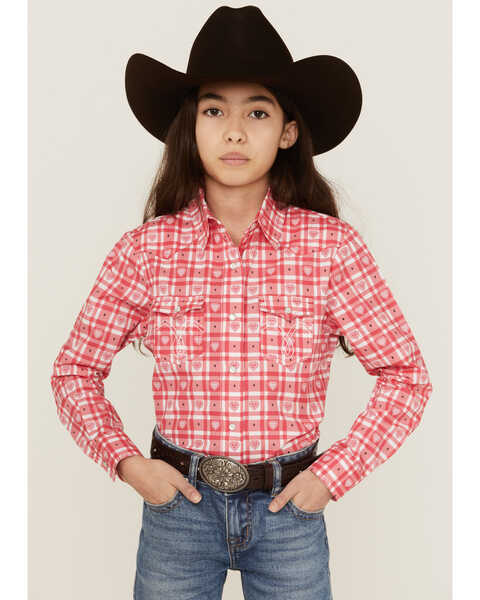 Image #1 - Panhandle Girls' Heart Plaid Print Long Sleeve Pearl Snap Western Shirt, Pink, hi-res