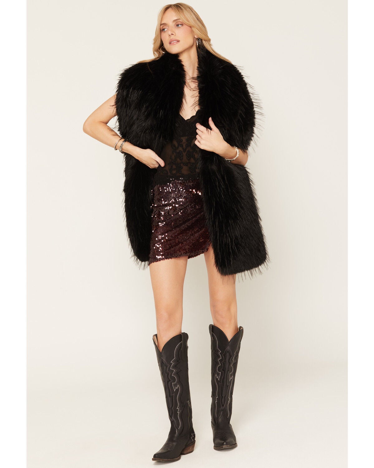 Image #1 - Azalea Wang Women's Starlet Faux Fur Wrap, Black, hi-res