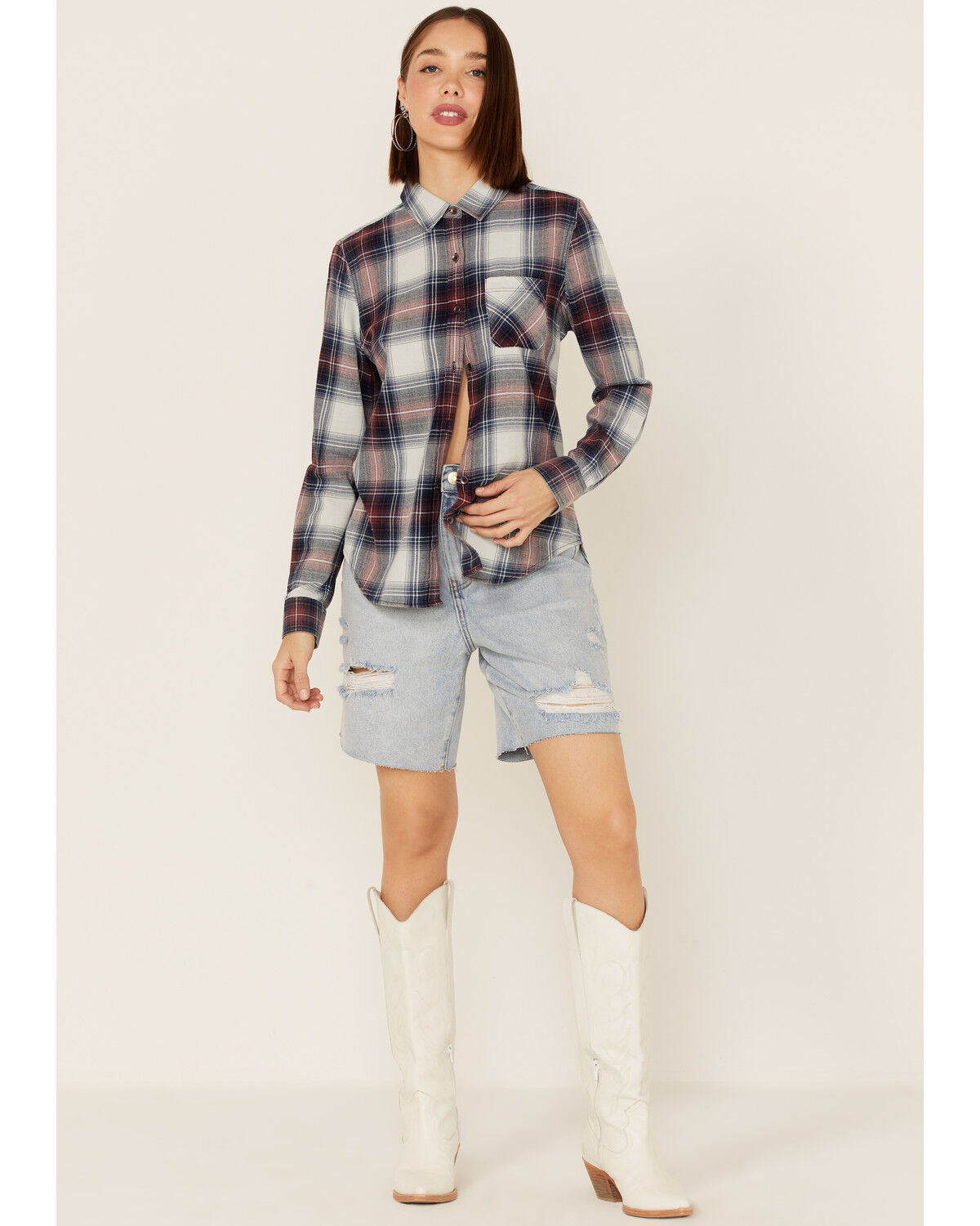 Image #2 - Flag & Anthem Women's Long Sleeve Pocket Button Shirt, Blue/white, hi-res