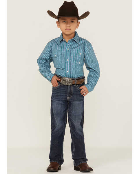 Image #2 - Roper Boys' Geo Stripe Print Long Sleeve Pearl Snap Stretch Western Shirt, Sage, hi-res