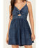 Image #3 - Angie Women's Denim Knot Front Tiered Mini Dress, Blue, hi-res