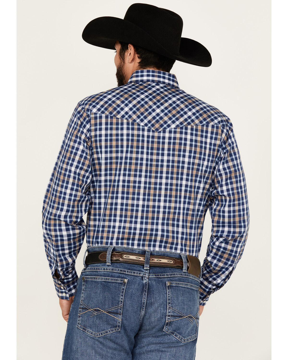 Image #4 - Ely Walker Men's Plaid Print Long Sleeve Pearl Snap Western Shirt, Navy, hi-res