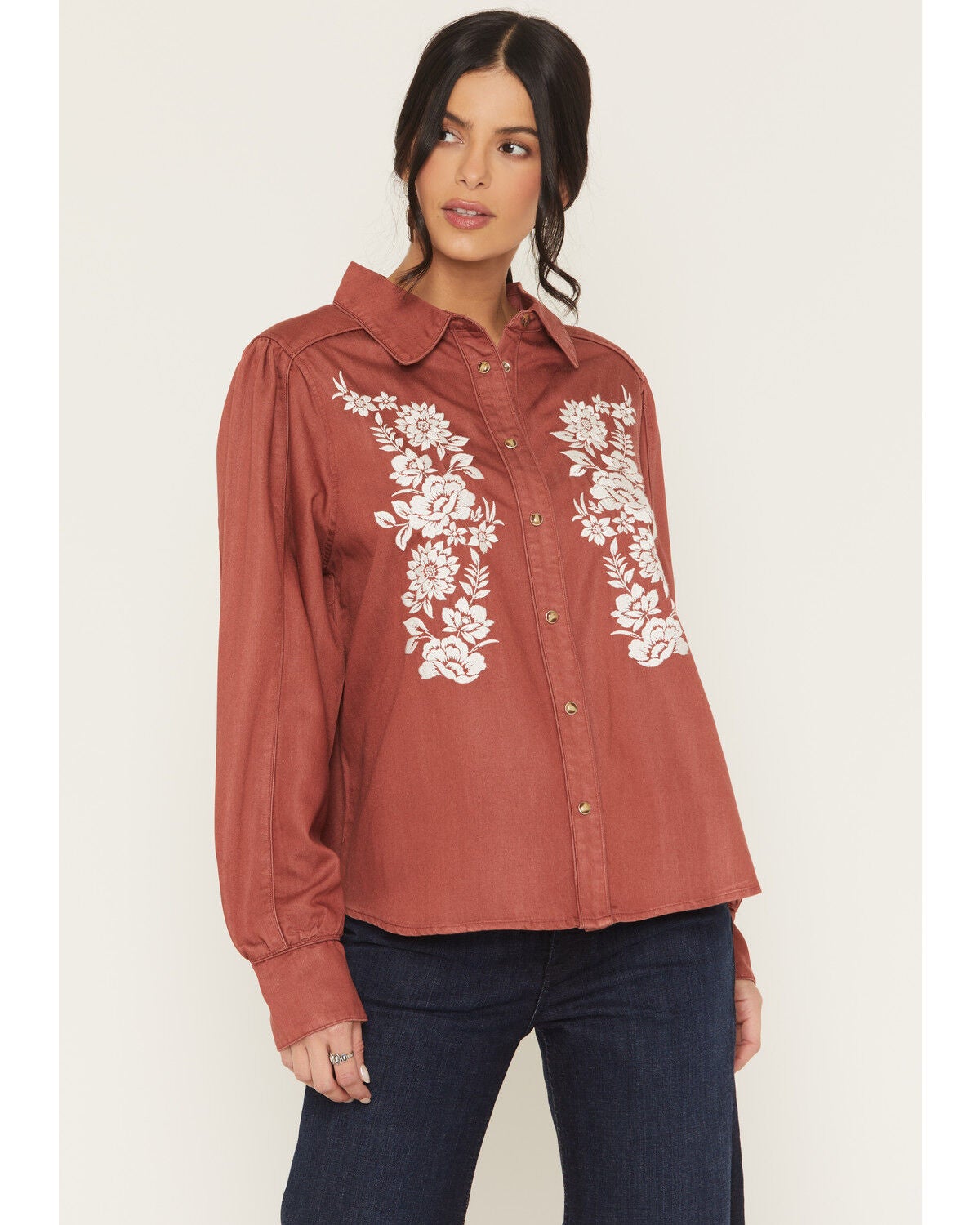 Kimes Ranch Women's Mae Floral Embroidered Long Sleeve Snap Relaxed Fit Western Shirt, Red, hi-res