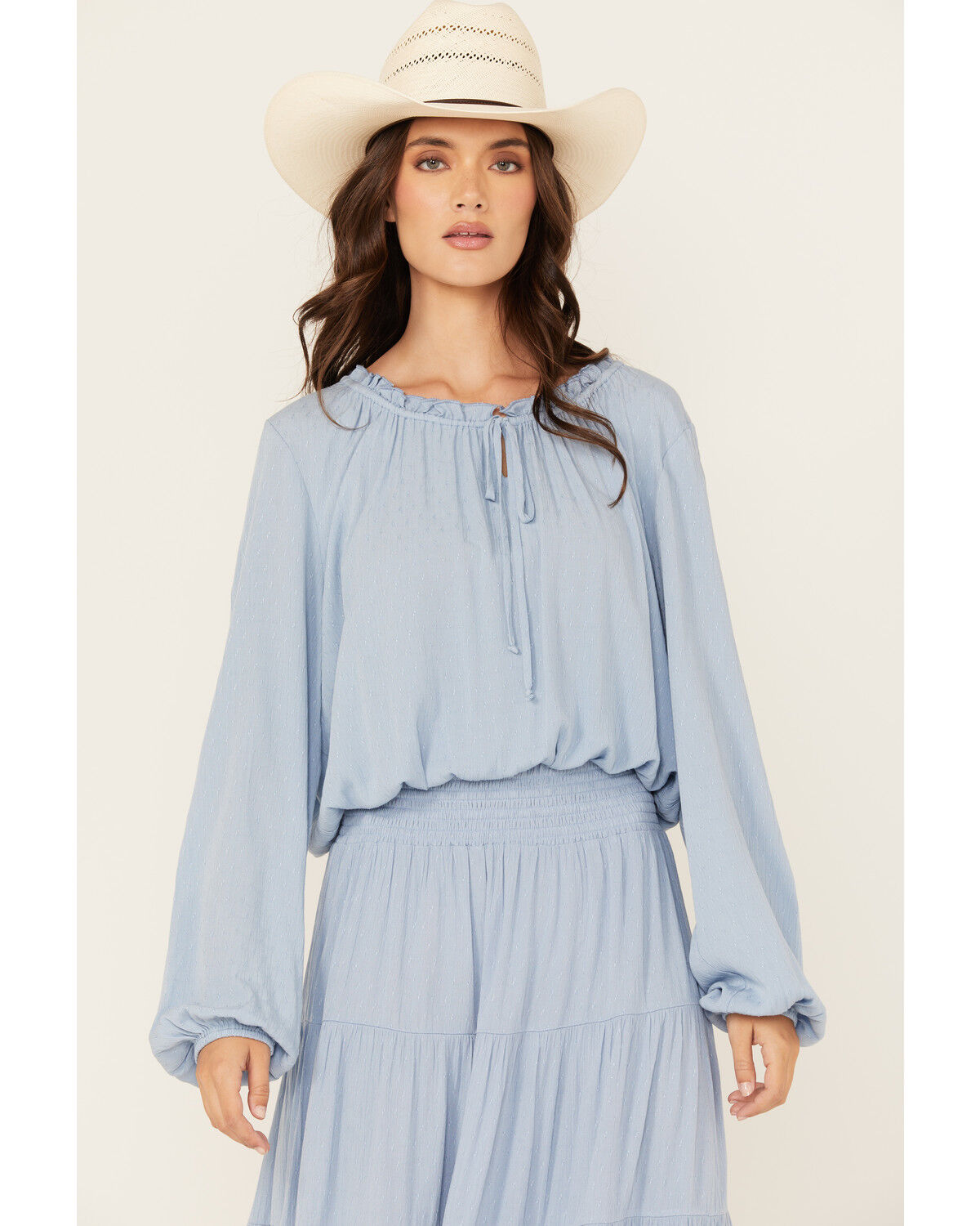 Image #2 - Wild Moss Women's Tie-Front Long Sleeve Top, Light Blue, hi-res