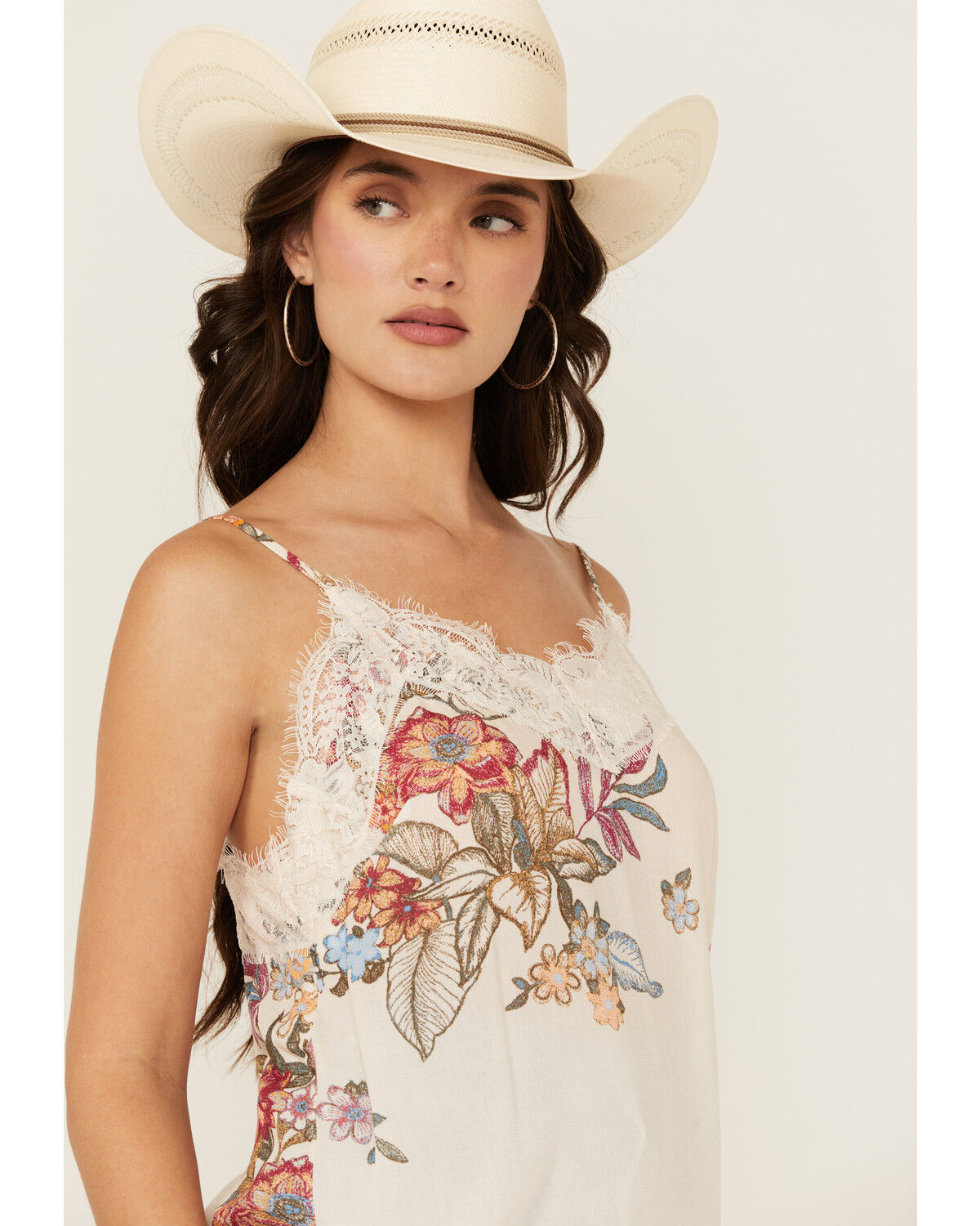 Image #2 - Wild Moss Women's Floral Print Lace Trim Cami Tank Top, Cream, hi-res