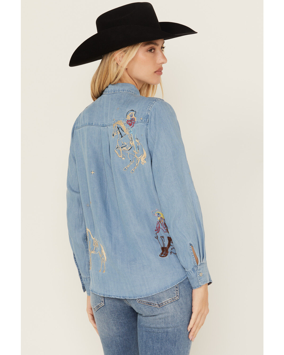 Image #4 - Blue B Women's Cowgirl Embroidered Long Sleeve Button-Down Denim Shirt, Medium Wash, hi-res