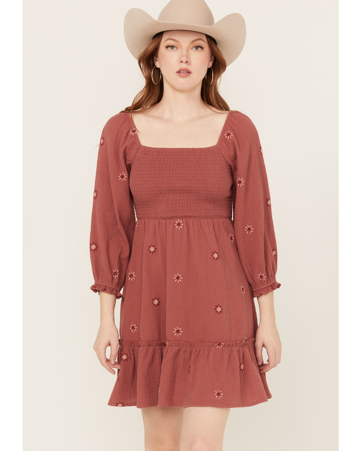 Image #1 - Jolt Women's Rouched Front Embroidered Mini Dress, Rust Copper, hi-res