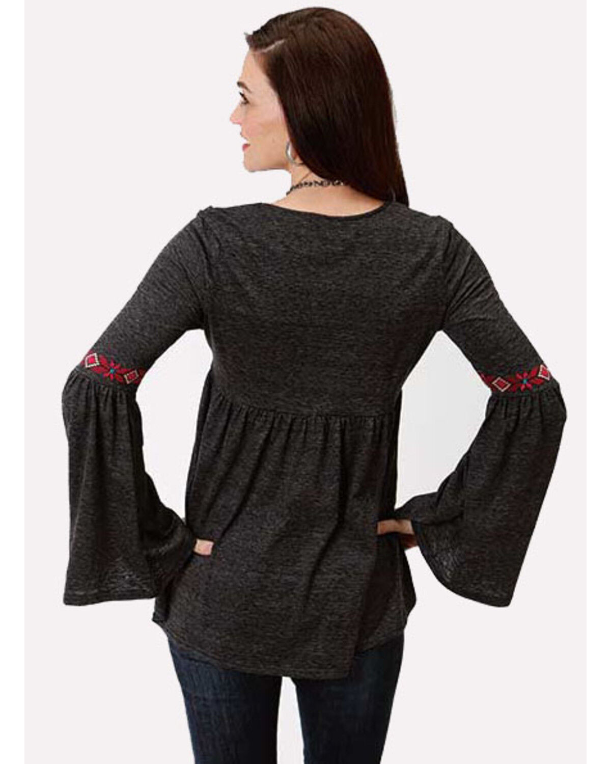 Image #2 - Studio West Women's Bell Sleeve Embroidered Top, Black, hi-res