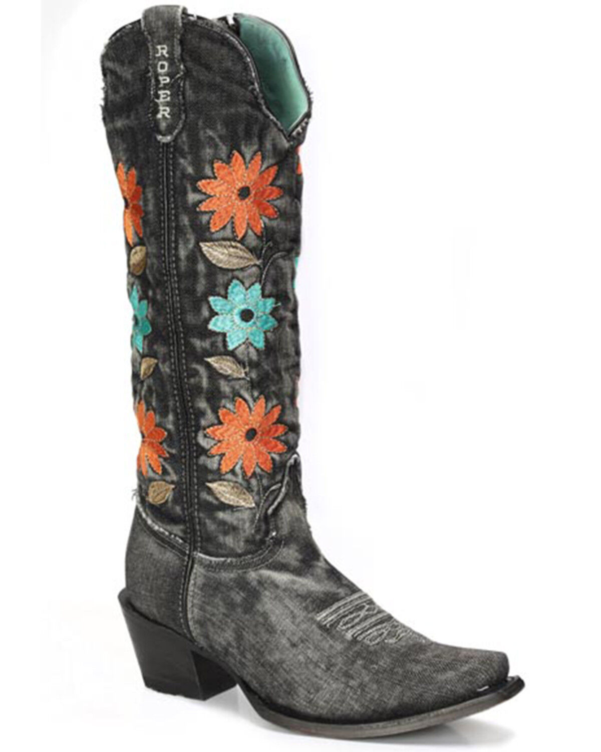 Image #1 - Roper Women's Flower Power Tall Western Boots - Snip Toe, Black, hi-res