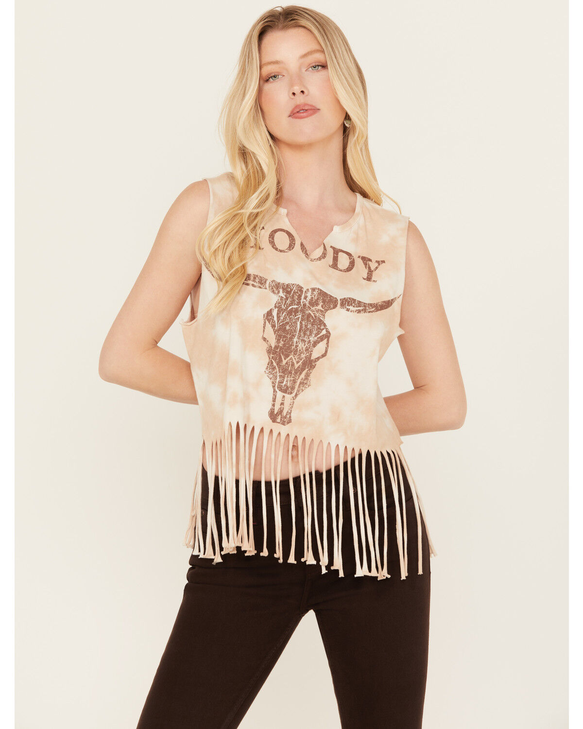 Image #1 - Idyllwind Women's Moody Steer Head Fringe Tank, Tan, hi-res