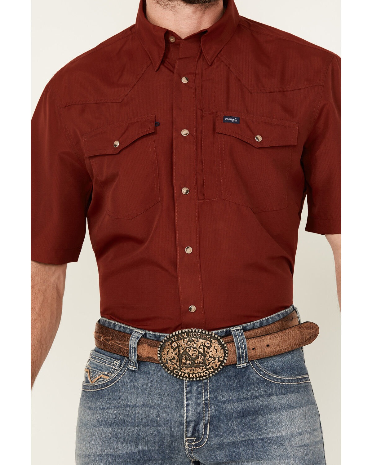 Image #3 - Wrangler Men's Solid Short Sleeve Snap Performance Western Shirt - Tall, Red, hi-res