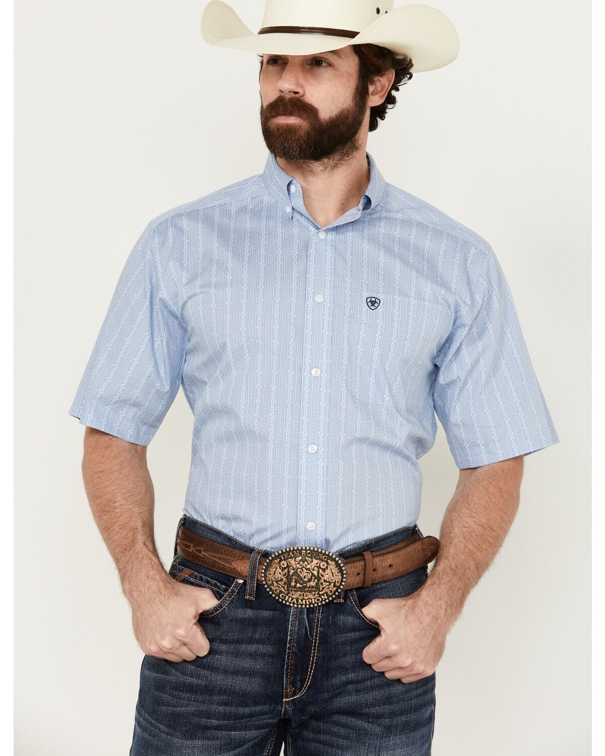 Image #1 - Ariat Men's Welburn Striped Short Sleeve Button-Down Western Shirt - Tall, , hi-res