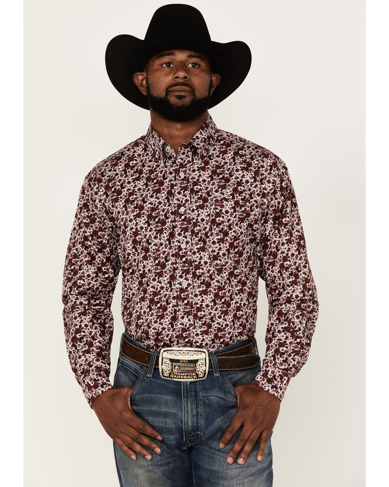Cinch Men's Floral Burgundy & Grey Geo Print Long Sleeve Button-Down Western Shirt , Grey, hi-res