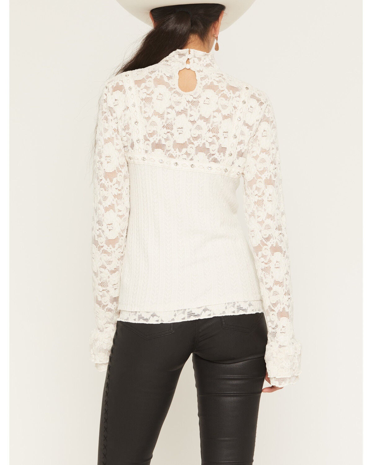 Image #4 - Miss Me Women's Mock Neck Lace Long Sleeve Top, White, hi-res