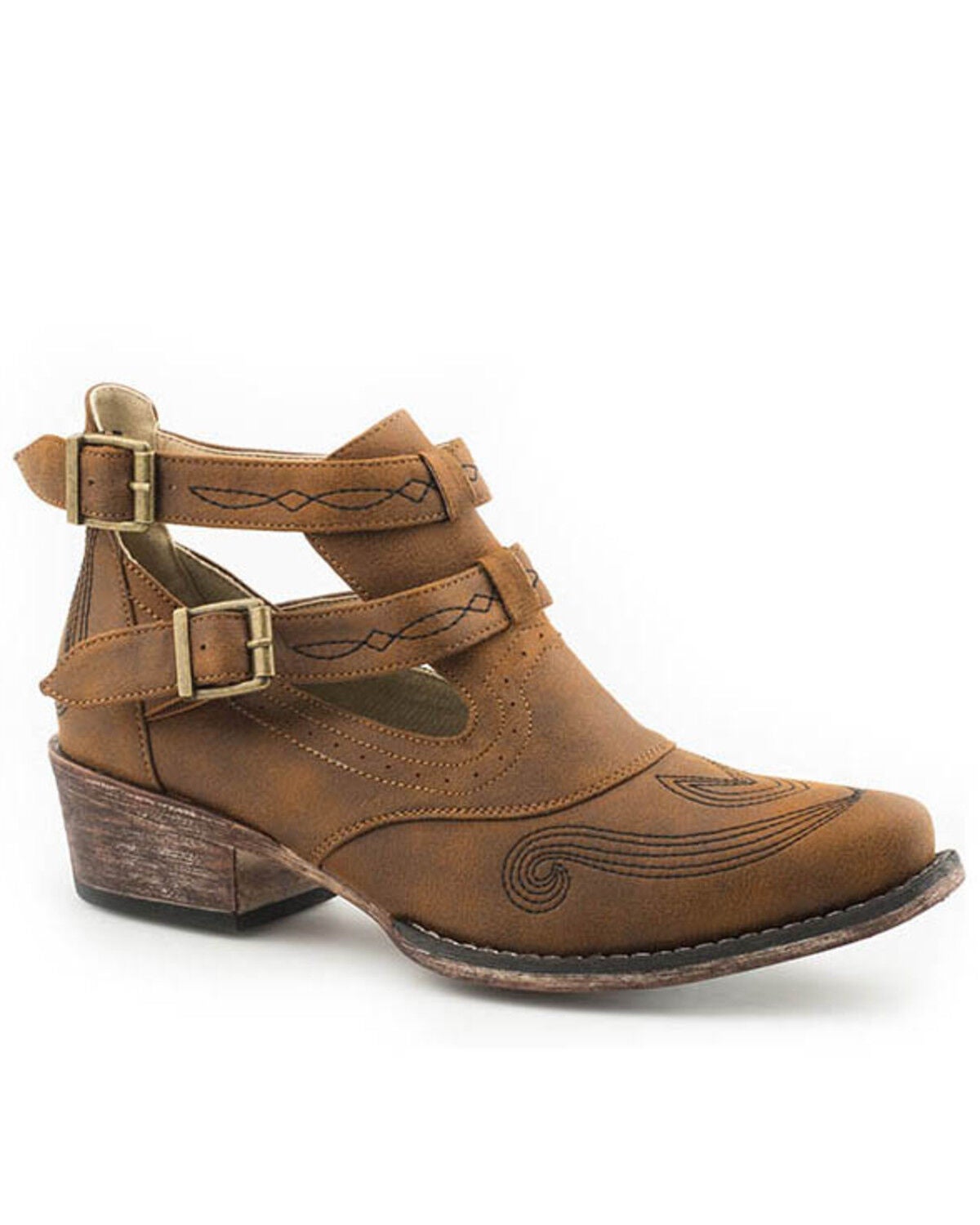 Roper Women's Vintage Harness Strap Fashion Booties - Snip Toe, Tan, hi-res