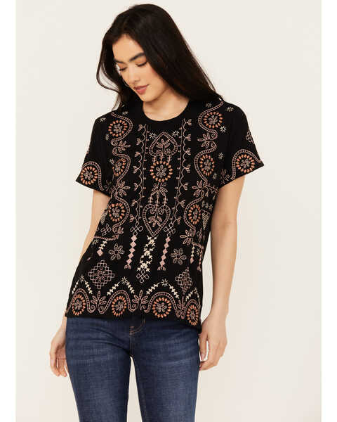 Image #1 - Johnny Was Women's Geo Print Embroidered Short Sleeve Tee, Black, hi-res