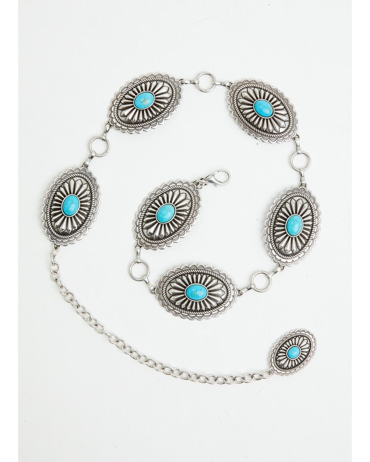 Ariat Women's Oval Turquoise Concho Chain Belt, Silver, hi-res