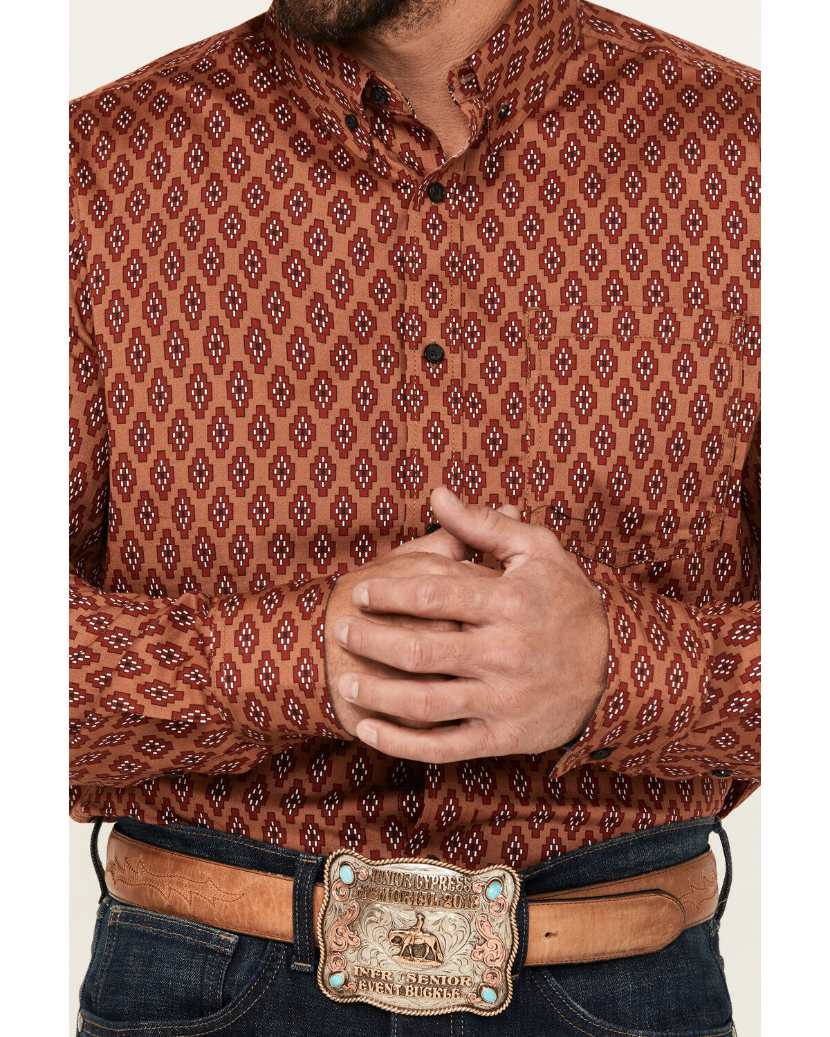 Image #2 - Cody James Men's Kenneth Southwestern Geo Print Long Sleeve Button-Down Stretch Western Shirt - Tall, Red, hi-res