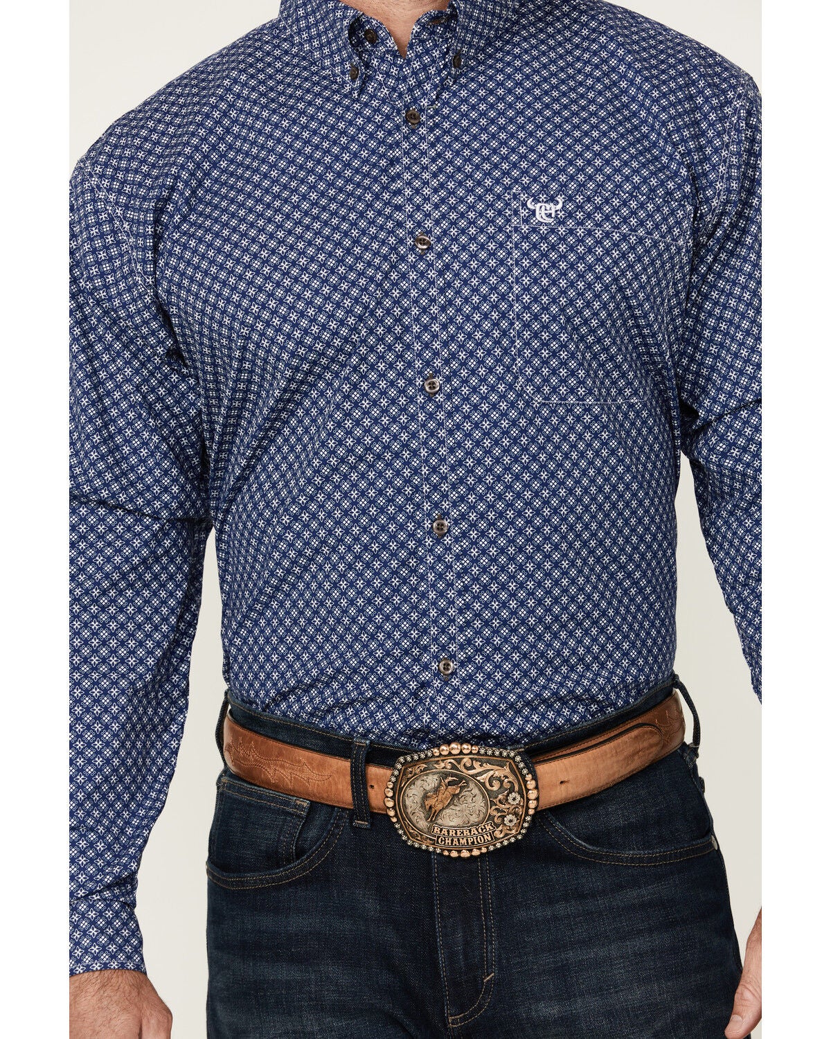 Image #3 - Cowboy Hardware Men's Cross Floral Print Long Sleeve Button-Down Stretch Western Shirt, Navy, hi-res