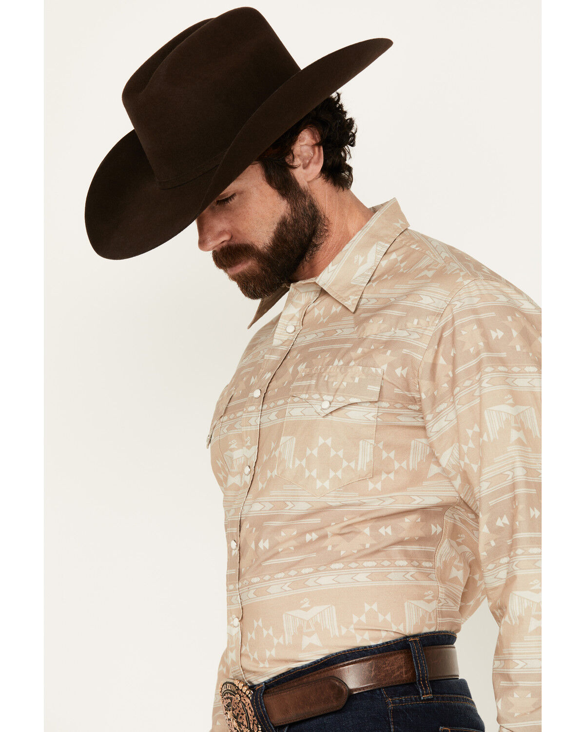 Image #3 - Roper Men's West Made Southwestern Print Long Sleeve Pearl Snap Western Shirt, Tan, hi-res