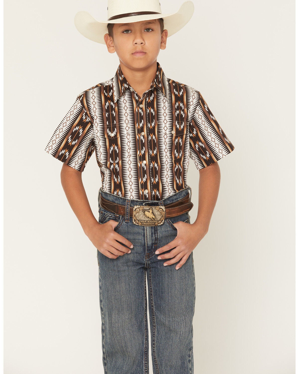 Image #1 - Wrangler Boys' Checotah Southwestern Striped Short Sleeve Pearl Snap Western Shirt, Brown, hi-res