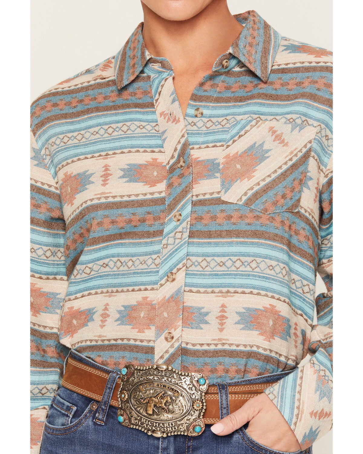 Image #3 - Shyanne Women's Farris Southwestern Print Long Sleeve Relaxed Flannel Shirt, Royal Blue, hi-res