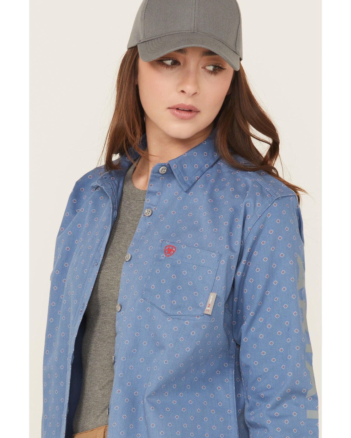 Image #2 - Ariat Women's FR Brooke Geo Print Long Sleeve Button-Down Work Shirt, Blue, hi-res