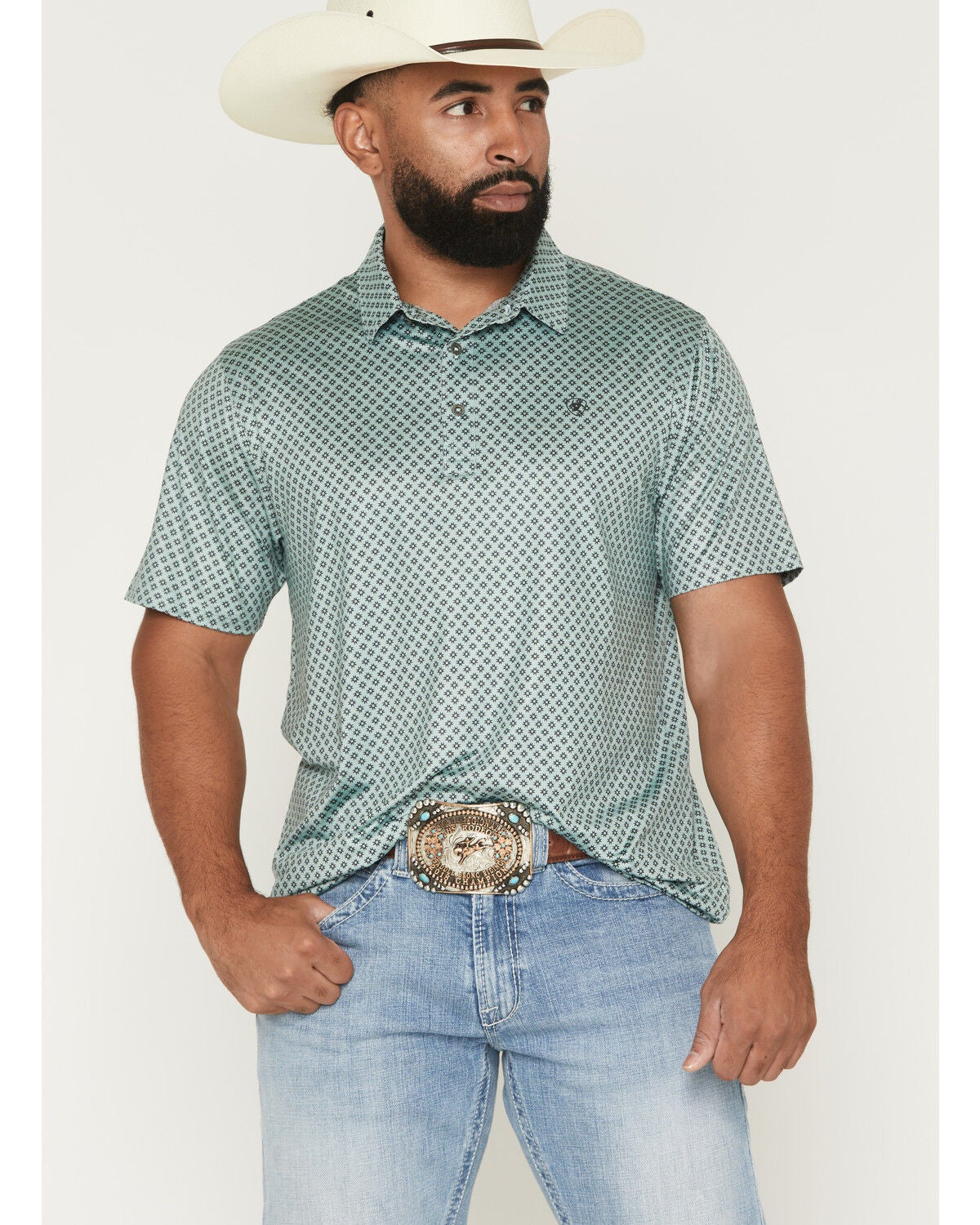Ariat Men's Fitted Micro Geo Print Short Sleeve Polo, Green, hi-res