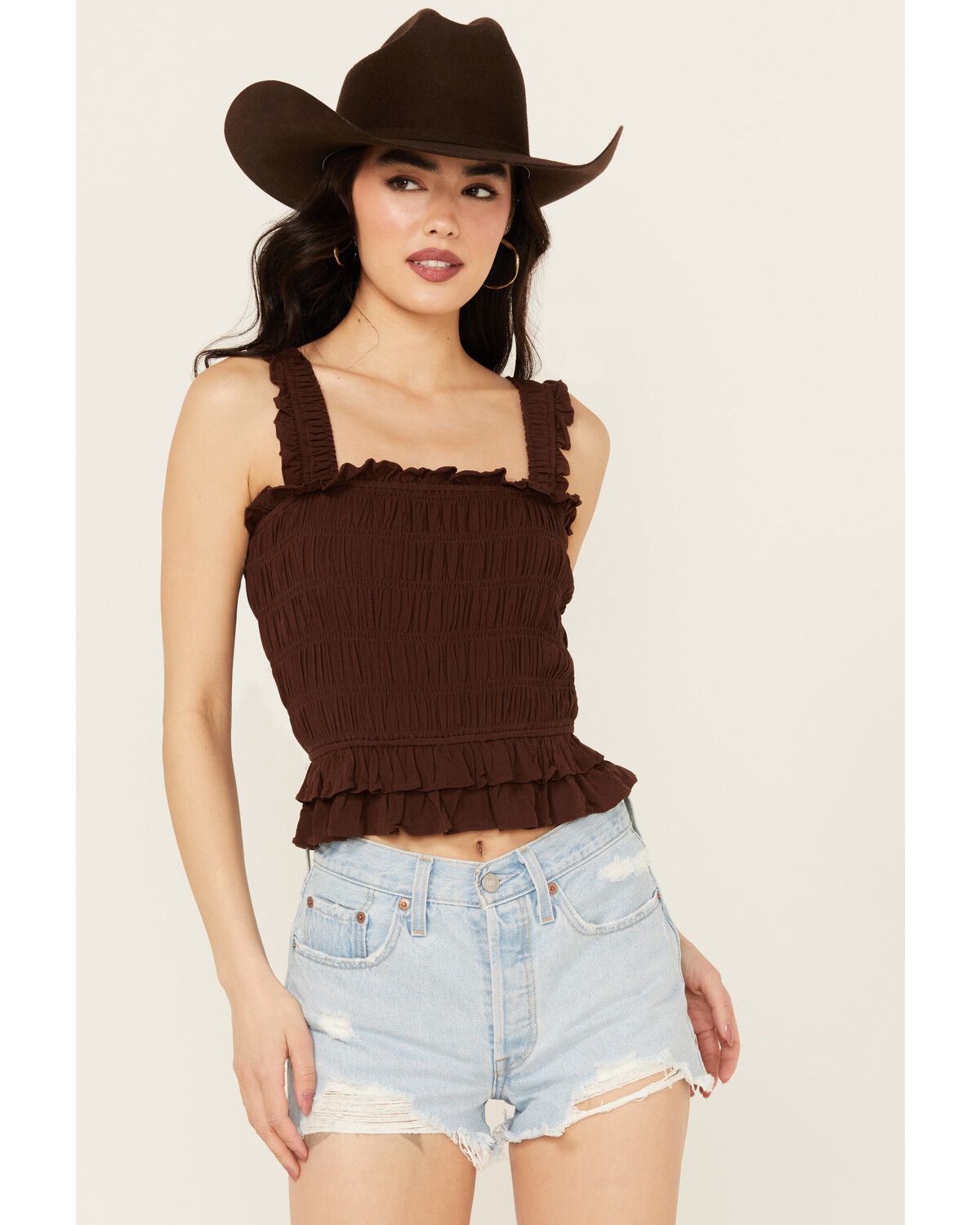 Image #1 - Shyanne Women's Smocked Tank Top, Dark Brown, hi-res