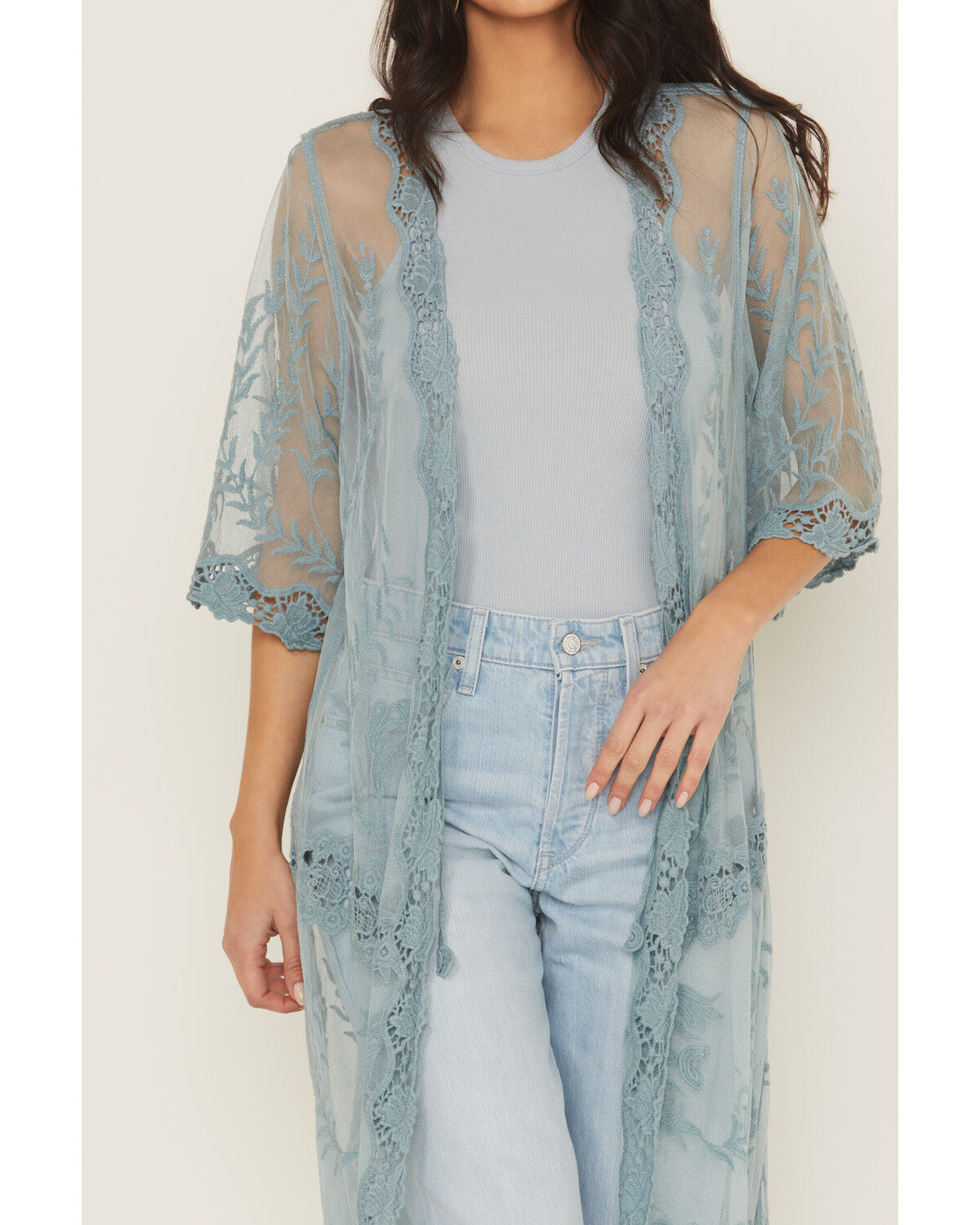 Image #3 - Shyanne Women's Long Embroidered Mesh Kimono, Aqua, hi-res