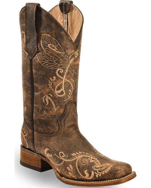 Circle G Women's Dragonfly Embroidered Western Boots - Square Toe, Brown, hi-res