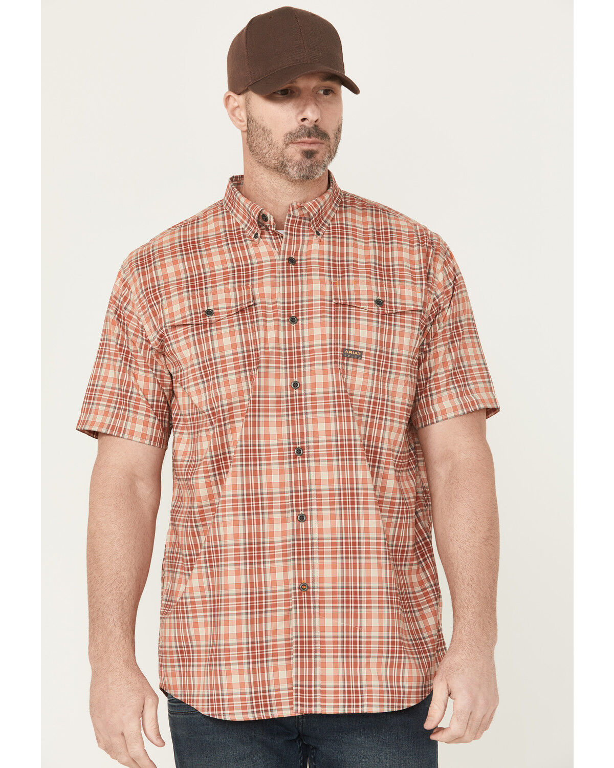 Image #1 - Ariat Men's Rebar Plaid Print Short Sleeve Button-Down Work Shirt, Red, hi-res