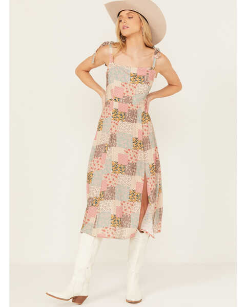 Rock & Roll Denim Women's Patchwork Print Sleeveless Midi Dress, Rose, hi-res