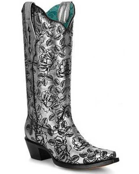 Corral Women's Floral Laser Print Western Boots - Snip Toe, Silver, hi-res