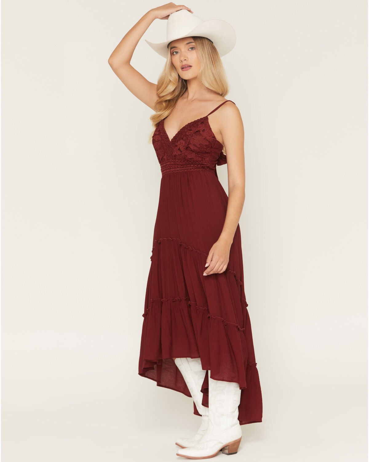 Image #4 - Shyanne Women's Aerie Crochet Front High-Low Midi Dress, Burgundy, hi-res
