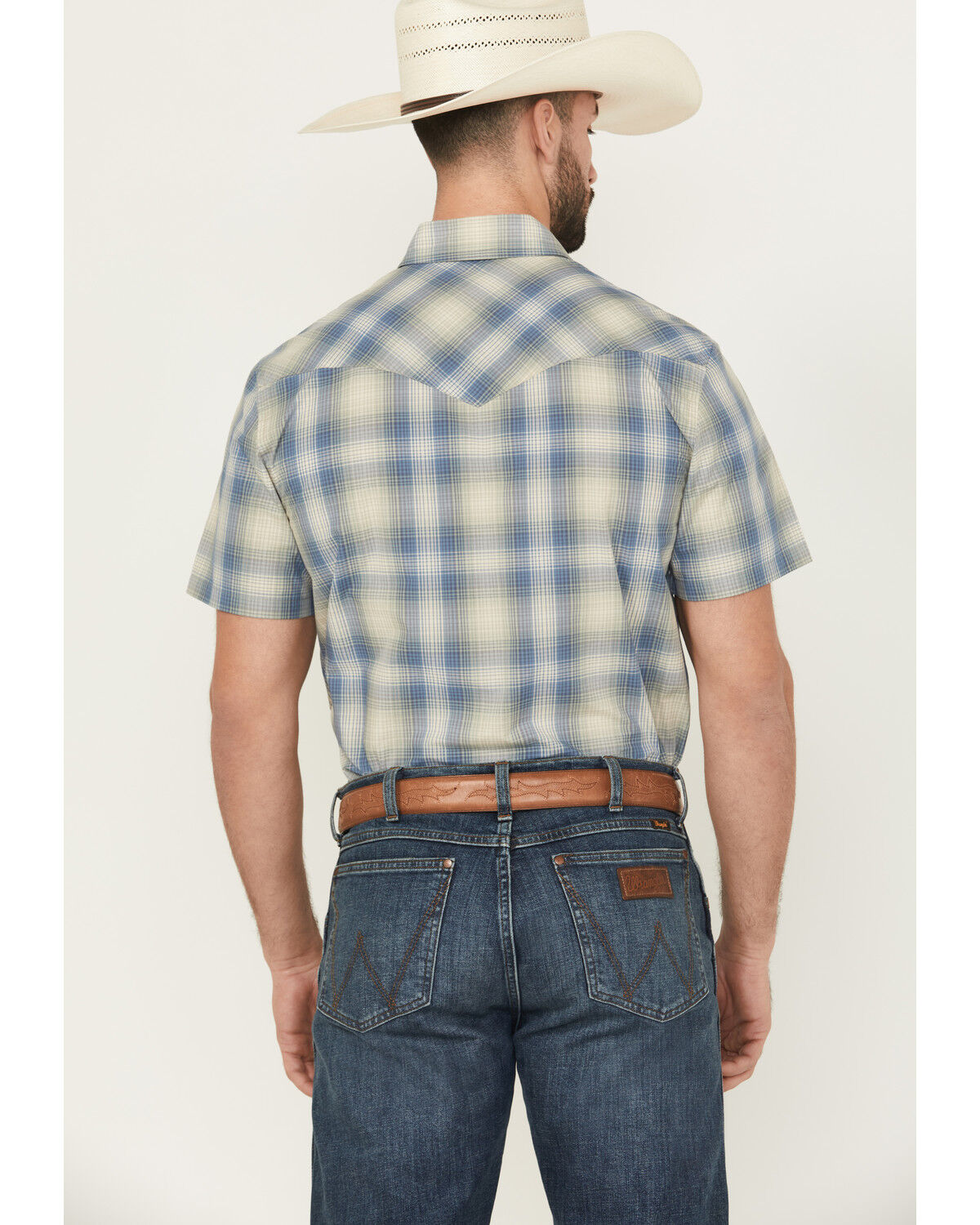 Image #4 - Pendleton Men's Frontier Plaid Print Short Sleeve Snap Stretch Western Shirt, Blue, hi-res