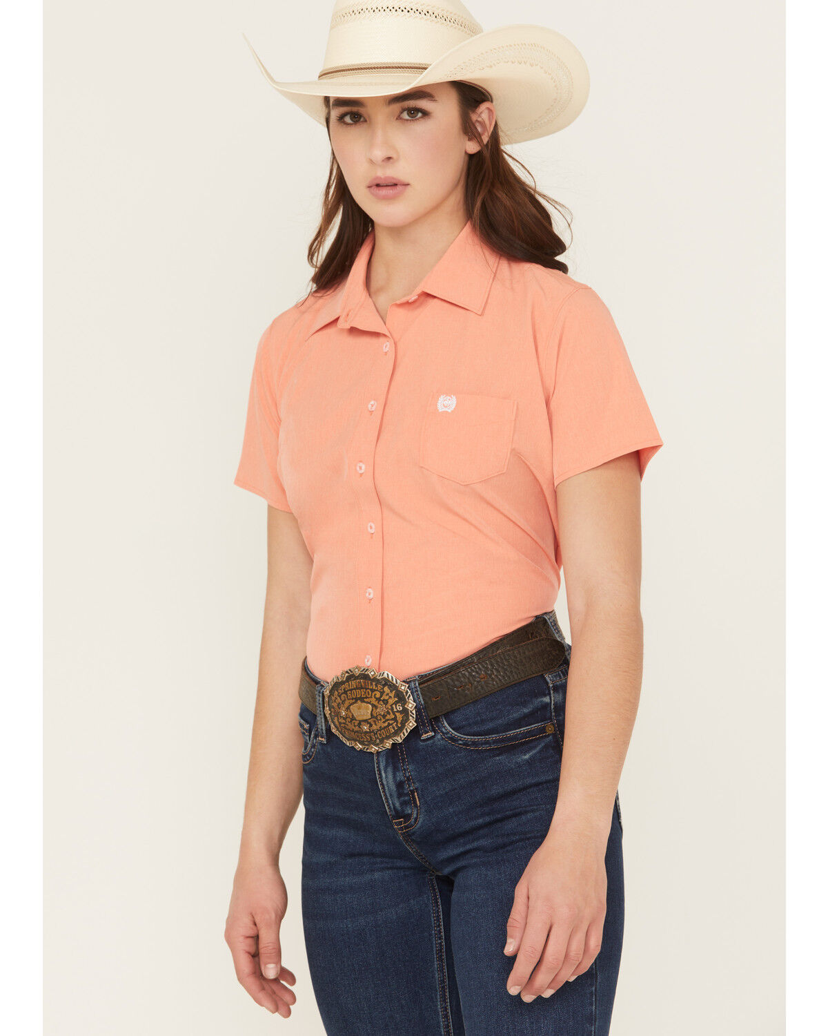 Image #1 - Cinch Women's Solid Short Sleeve Button-Down Stretch Western Shirt, Coral, hi-res
