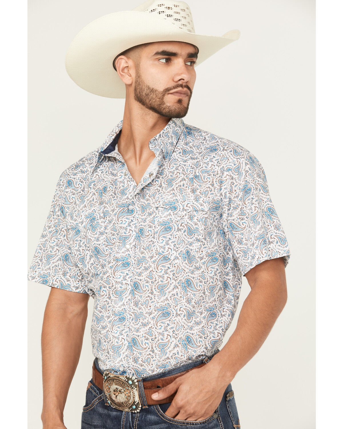 Image #2 - Roper Men's West Made Paisley Print Short Sleeve Pearl Snap Western Shirt, Cream, hi-res