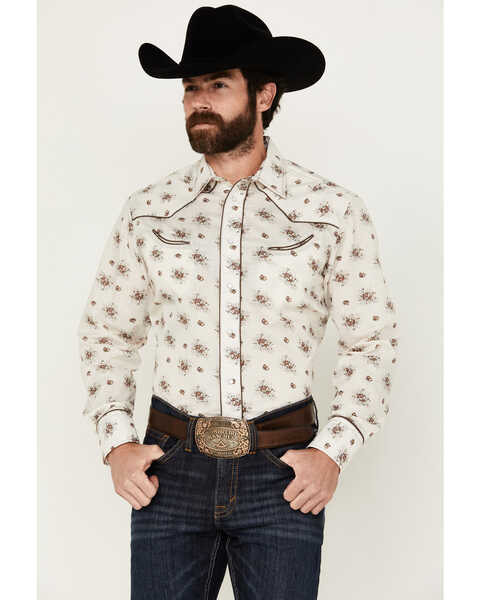 Roper Men's Floral Print Long Sleeve Pearl Snap Western Shirt, Cream, hi-res