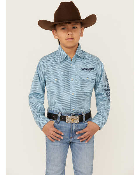 Wrangler Boys' Geo Print Long Sleeve Snap Western Shirt, Blue, hi-res