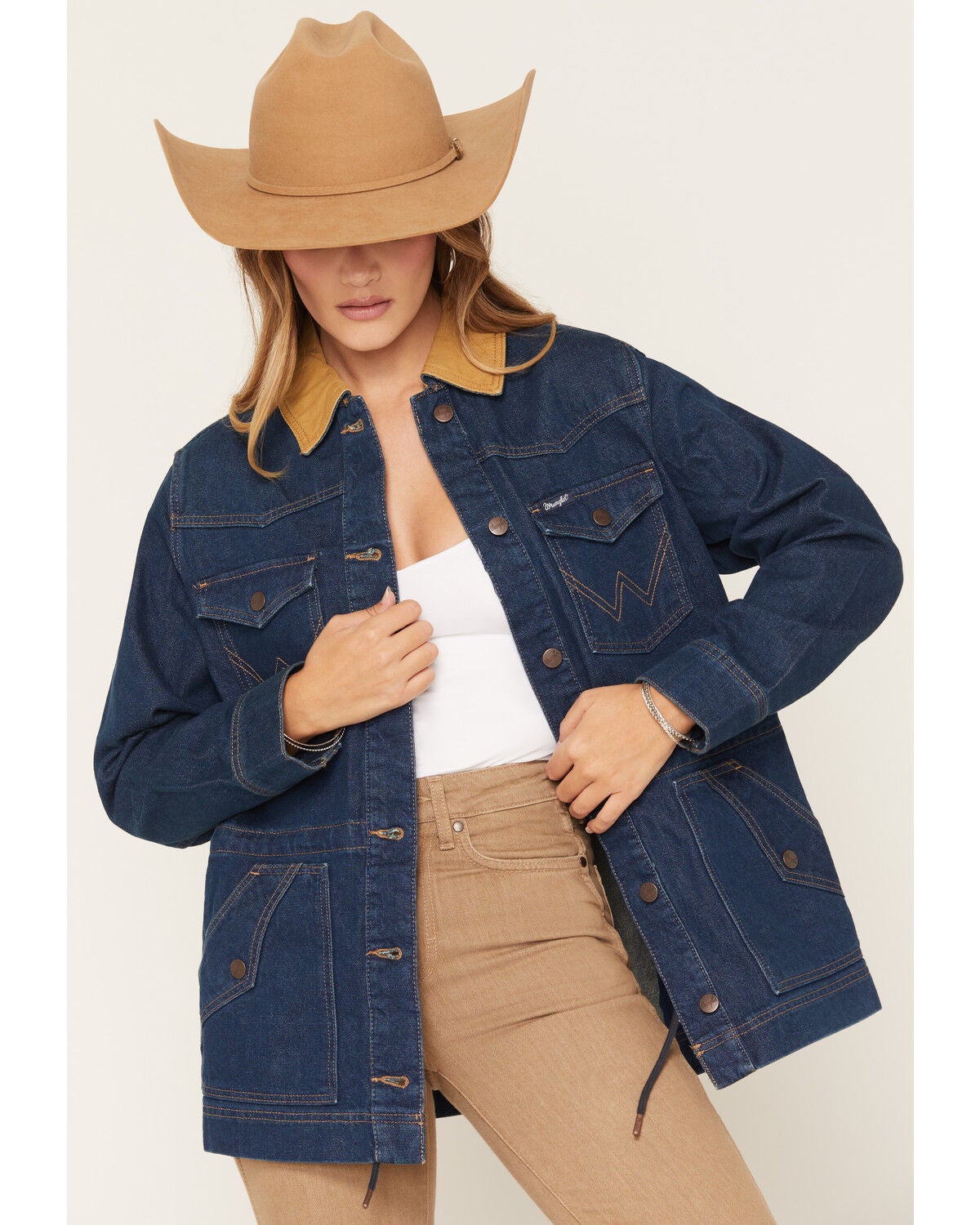 Image #1 - Wrangler Women's Denim Cinched Waist Barn Jacket, Medium Wash, hi-res