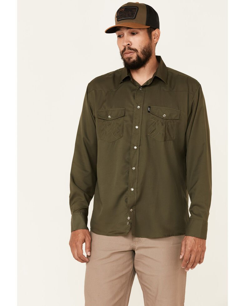 HOOey Men's Solid Olive Habitat Sol Long Sleeve Snap Western Shirt , Olive, hi-res