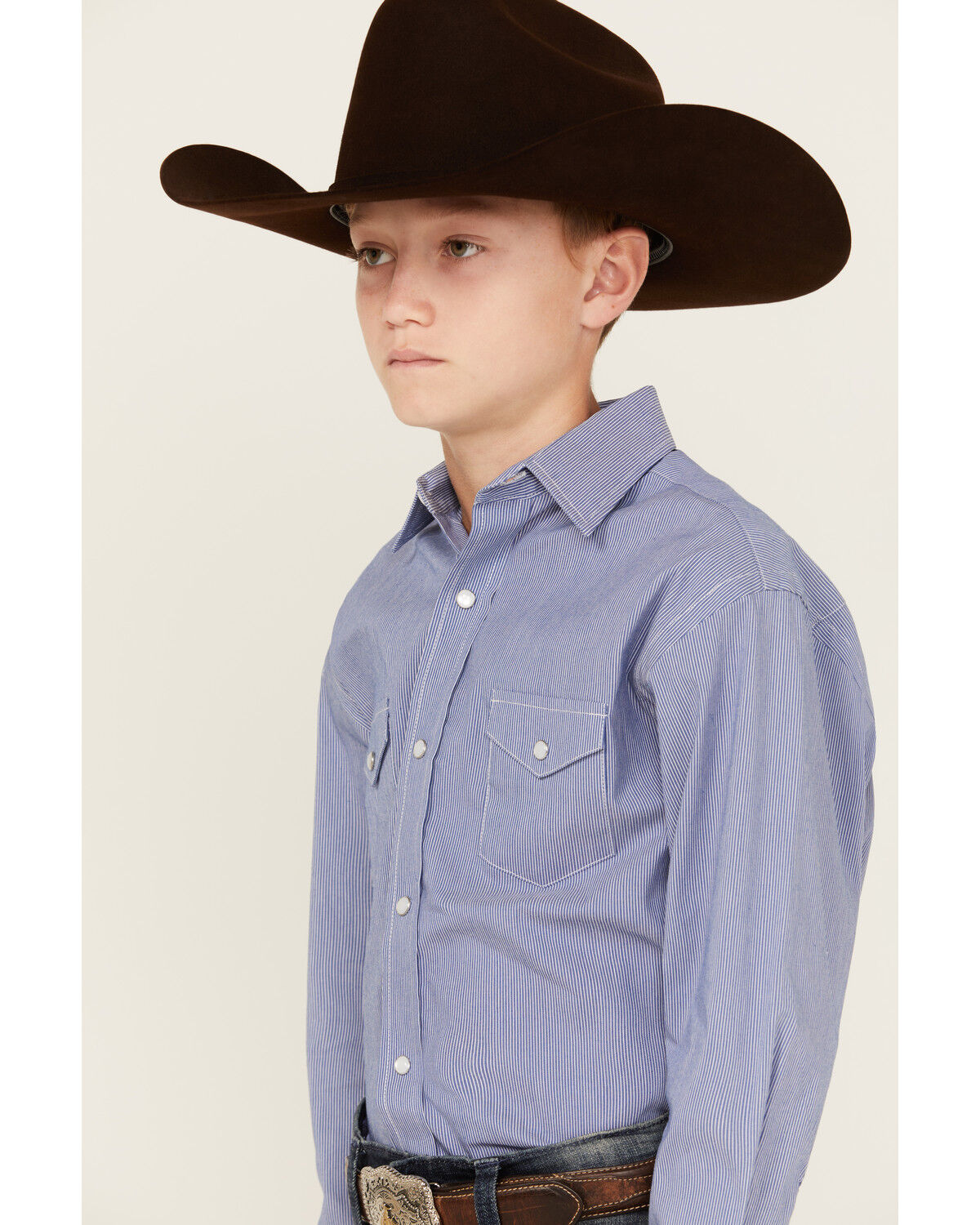 Image #2 - Rough Stock by Panhandle Boys' Striped Long Sleeve Pearl Snap Stretch Western Shirt, Blue, hi-res
