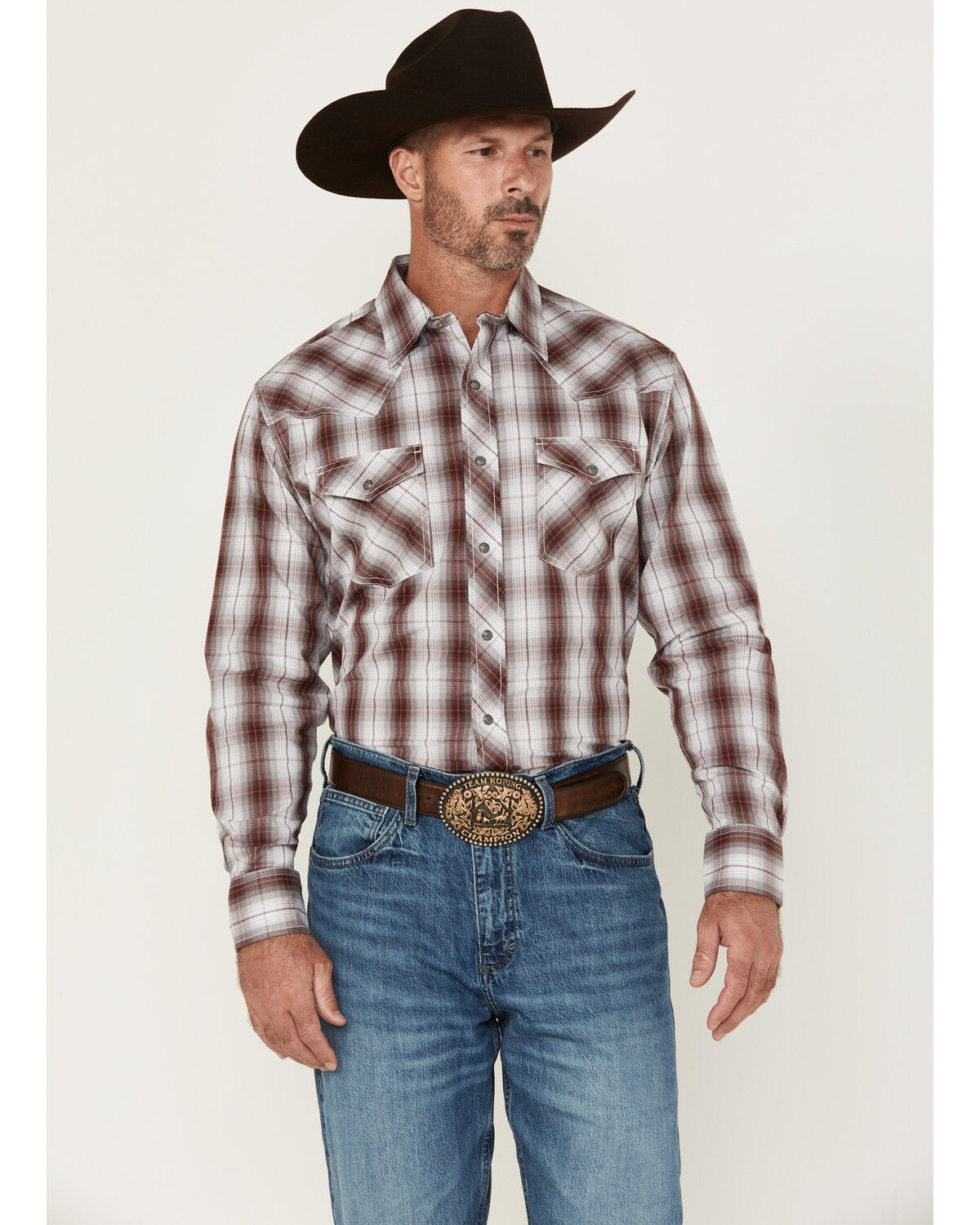 Image #1 - Wrangler 20X Men's Plaid Print Long Sleeve Snap Stretch Western Shirt, Wine, hi-res