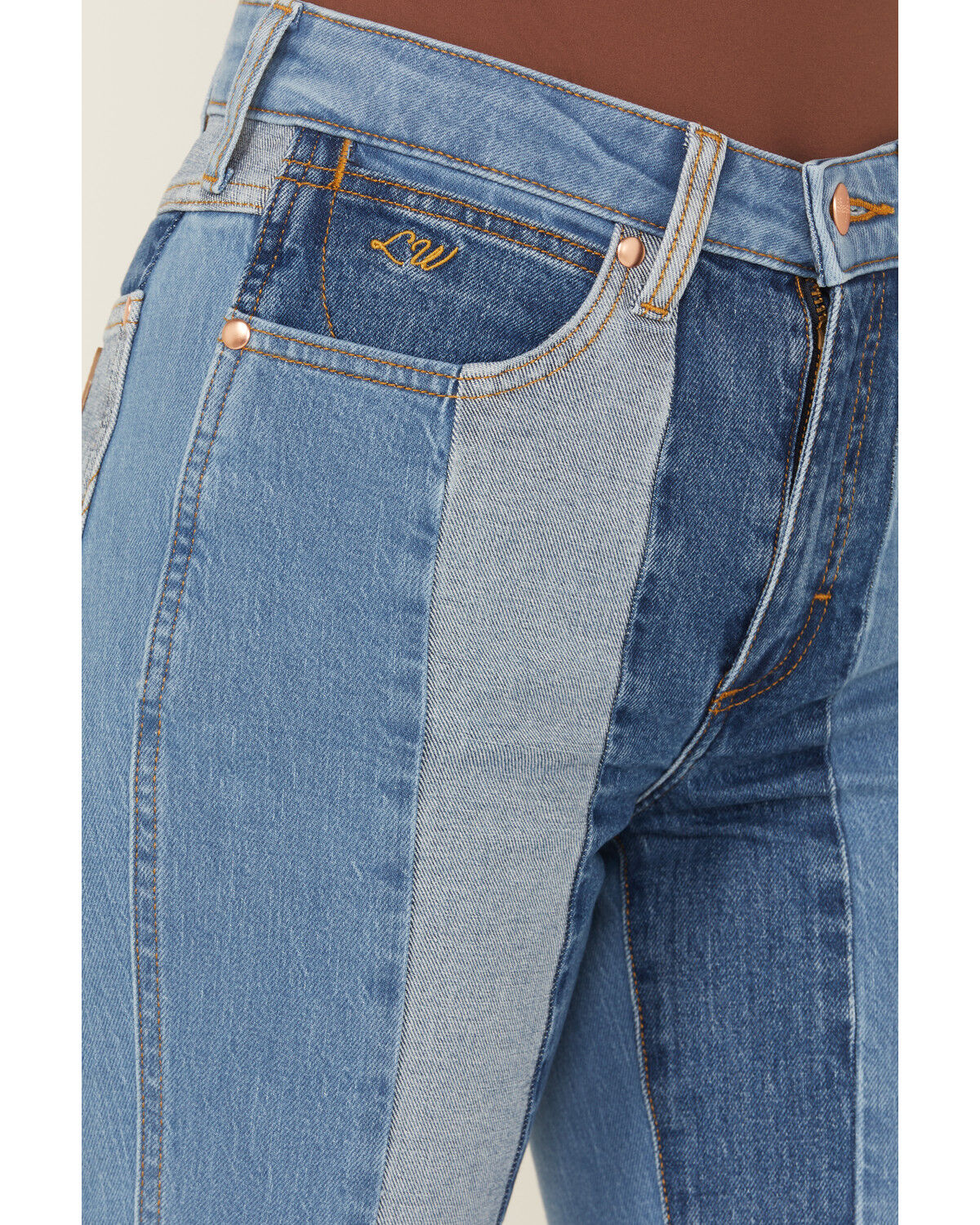Image #3 - Wrangler X Lainey Wilson Women's High Rise Patchwork Flare Stretch Denim Jeans, Blue, hi-res