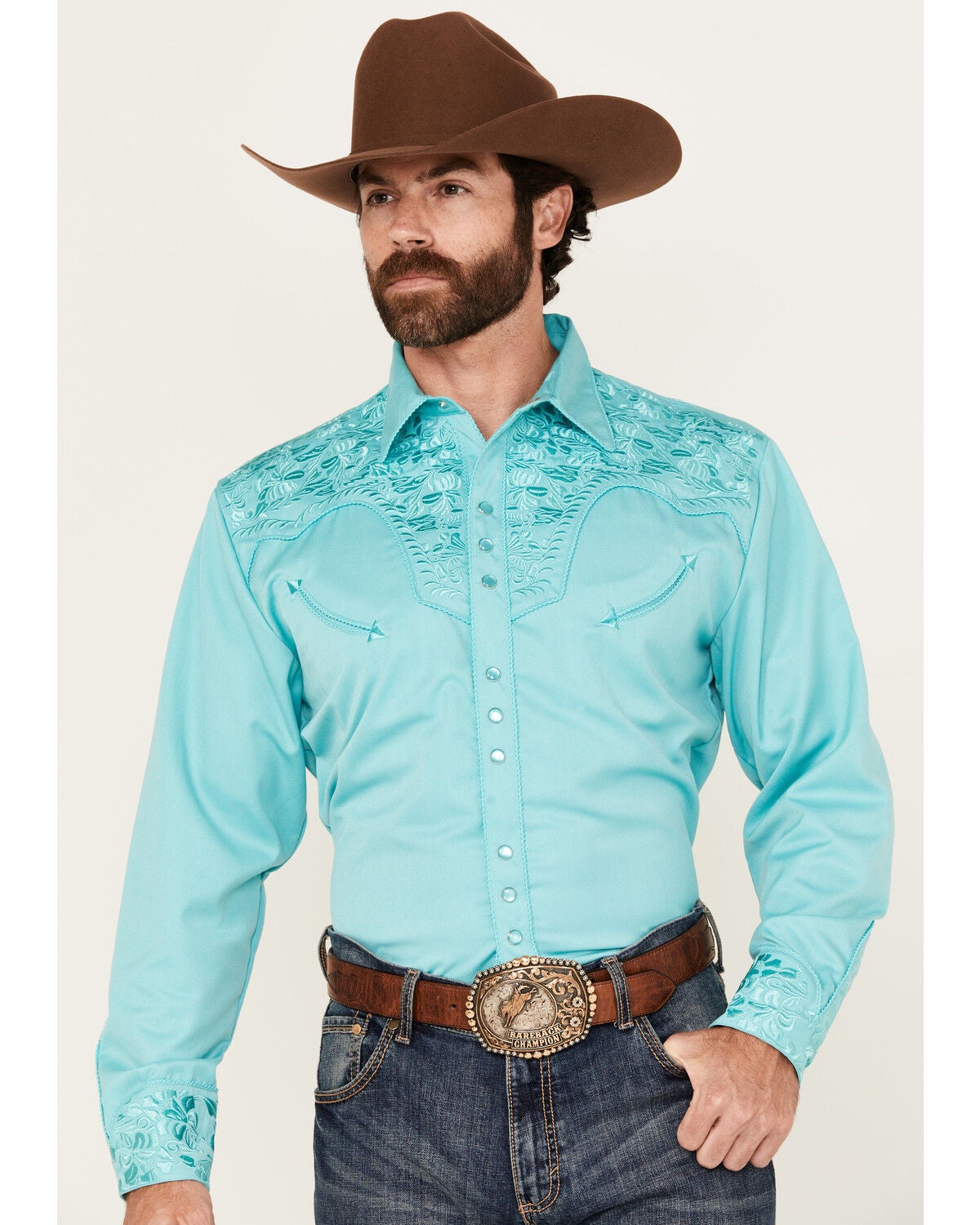 Scully Men's Gunfighter Tonal Embroidered Long Sleeve Snap Western Shirt, Turquoise, hi-res