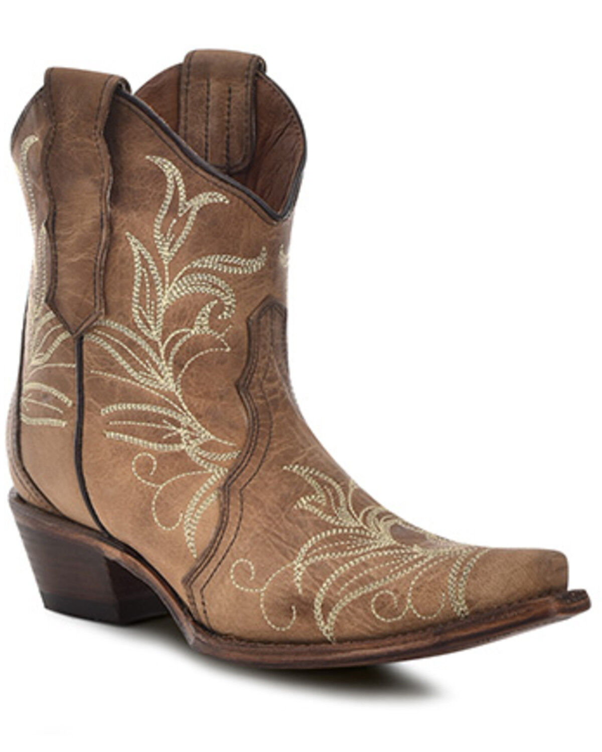 Image #1 - Circle G Women's Embroidered Ankle Booties - Snip Toe, Tan, hi-res