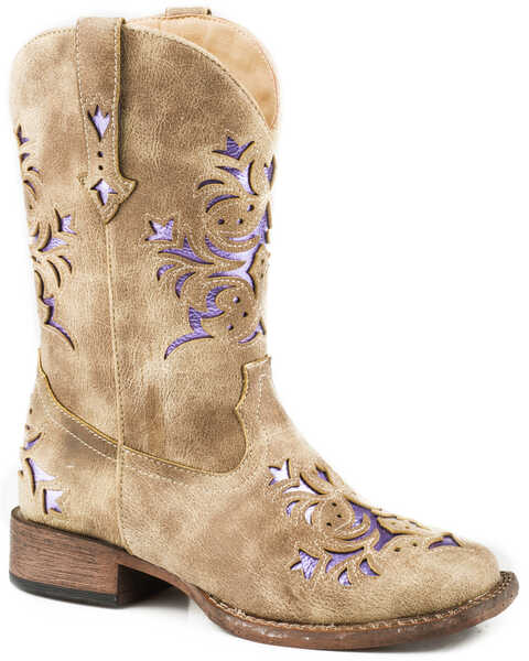 Roper Girls' Lola Metallic Underlay Western Boots - Square Toe, Tan, hi-res