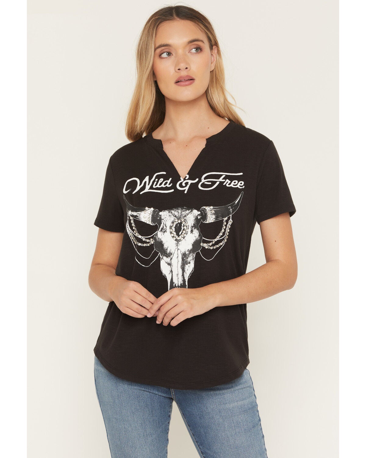 Blended Women's Steer Head Rhinestone Short Sleeve Graphic Tee, Black, hi-res
