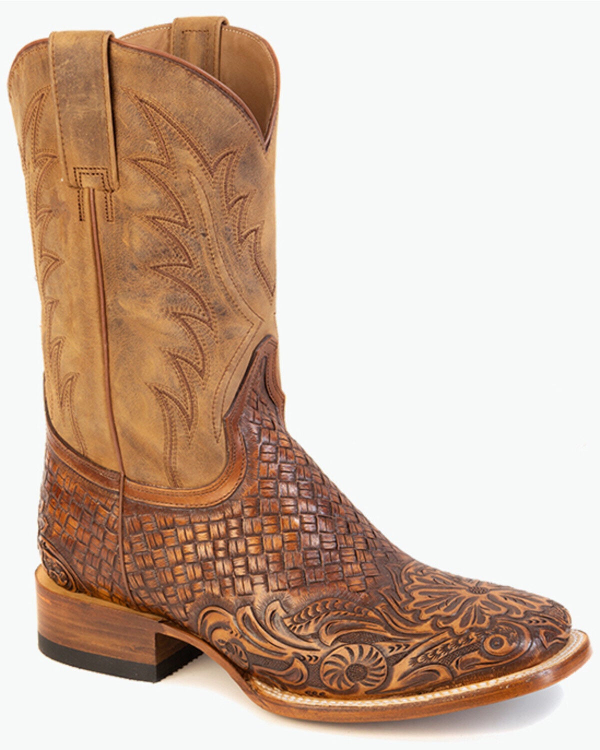 Image #1 - Stetson Men's Saddle Tooled Western Boots - Broad Square Toe, Brown, hi-res